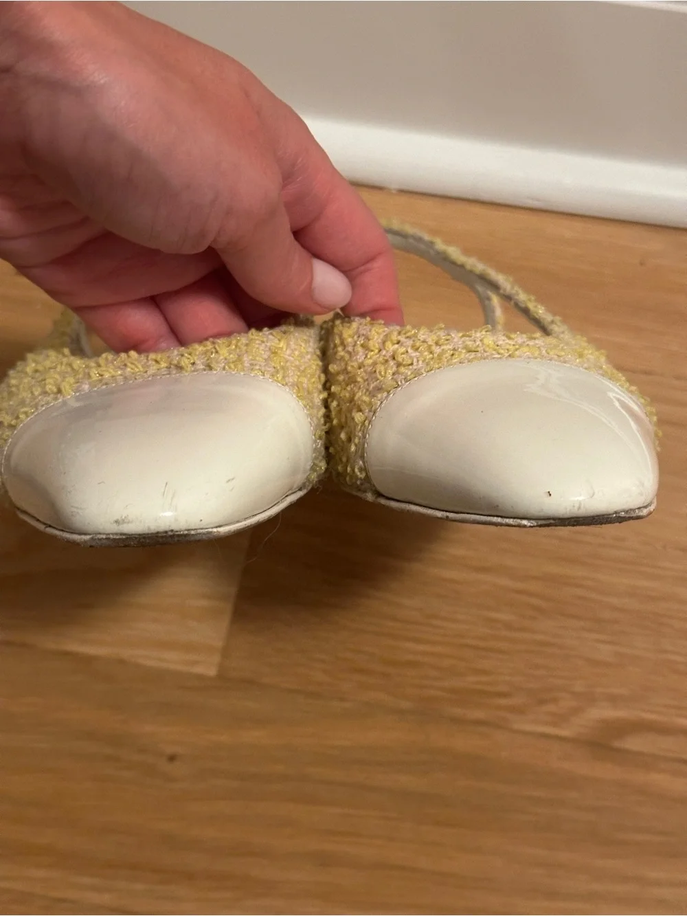 CHANEL Yellow Tweed and White Cap-Toe Slingback Mules